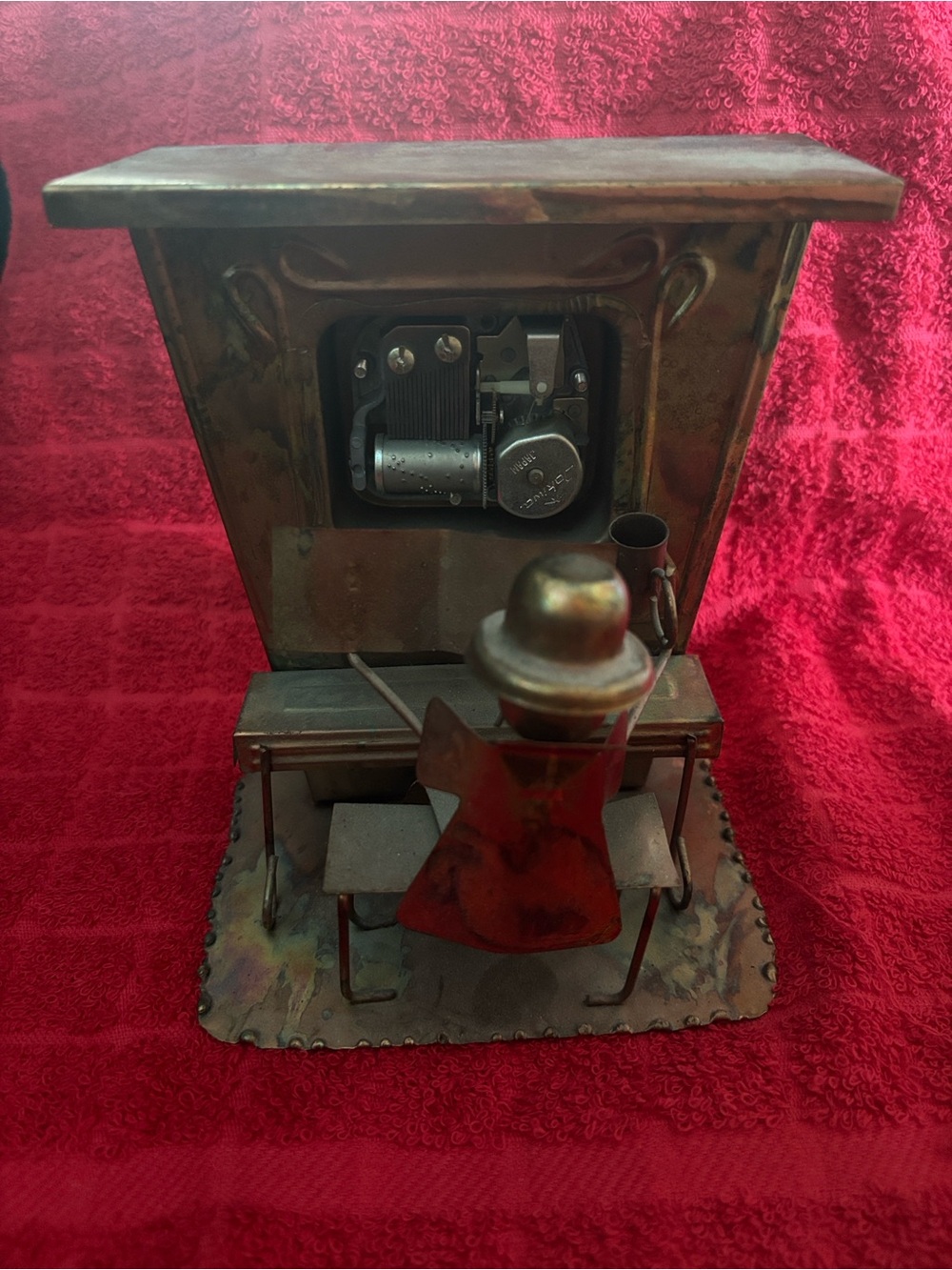 Vintage Copper Music Box- with a figure playing piano